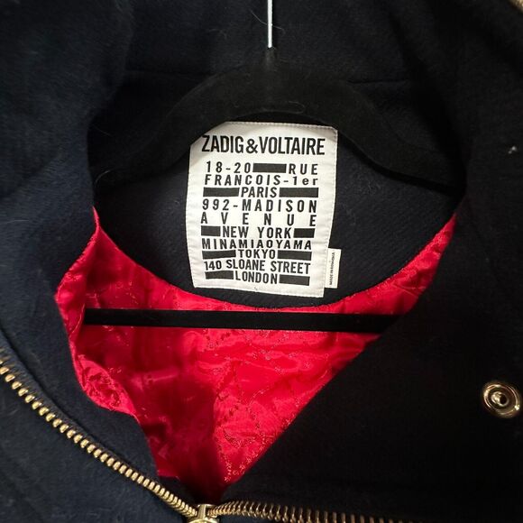 Zadig & Voltaire Wool Jacket Navy Gold Stand Collar Flap Pocket Zip Up Bomber SM - Picture 11 of 16